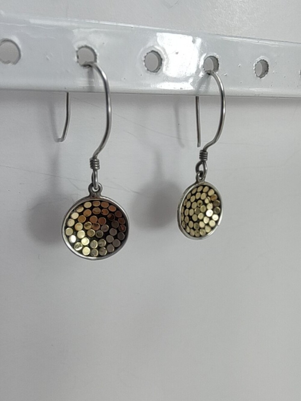 925 Sterling Silver Gold Plated Dot Disc Dangle Earrings Mixed Metal - Picture 10 of 12